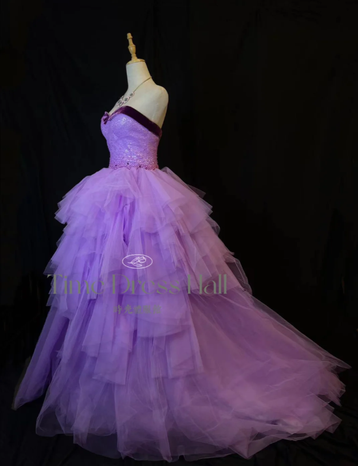 Cute Strapless A-Line Long Prom Dresses, Tulle Purple Quinceanera Dresses  Sleeveless Sweet 16 Dresses ED05603