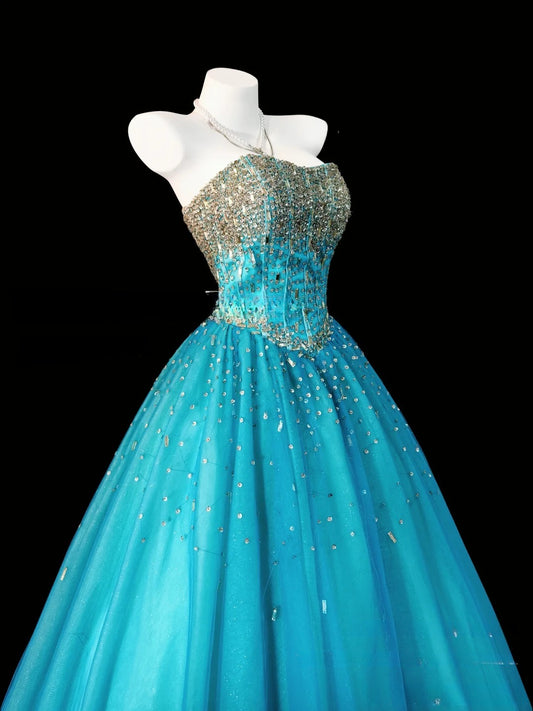 Cute Strapless A-Line Long Prom Dresses, Tulle Blue Quinceanera Dresses  Sleeveless Sweet 16 Dresses ED05604