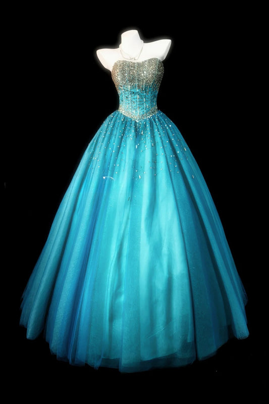 Cute Strapless A-Line Long Prom Dresses, Tulle Blue Quinceanera Dresses  Sleeveless Sweet 16 Dresses ED05604
