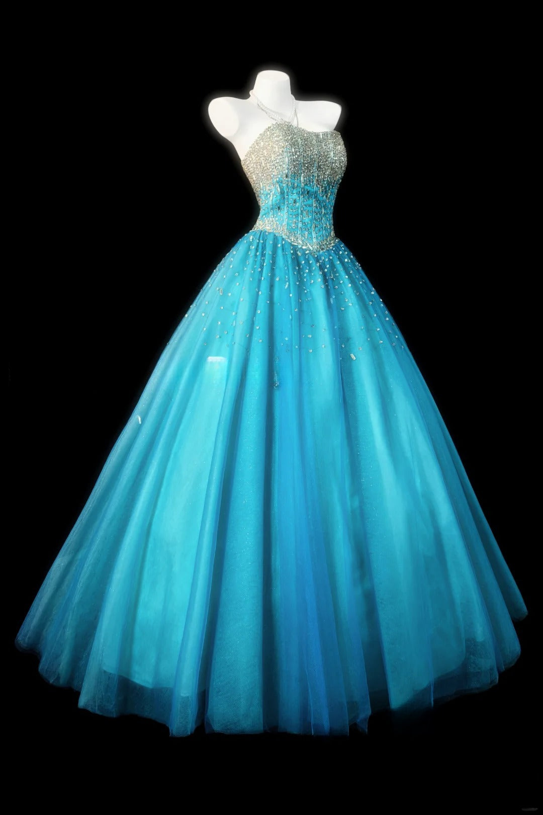 Cute Strapless A-Line Long Prom Dresses, Tulle Blue Quinceanera Dresses  Sleeveless Sweet 16 Dresses ED05604