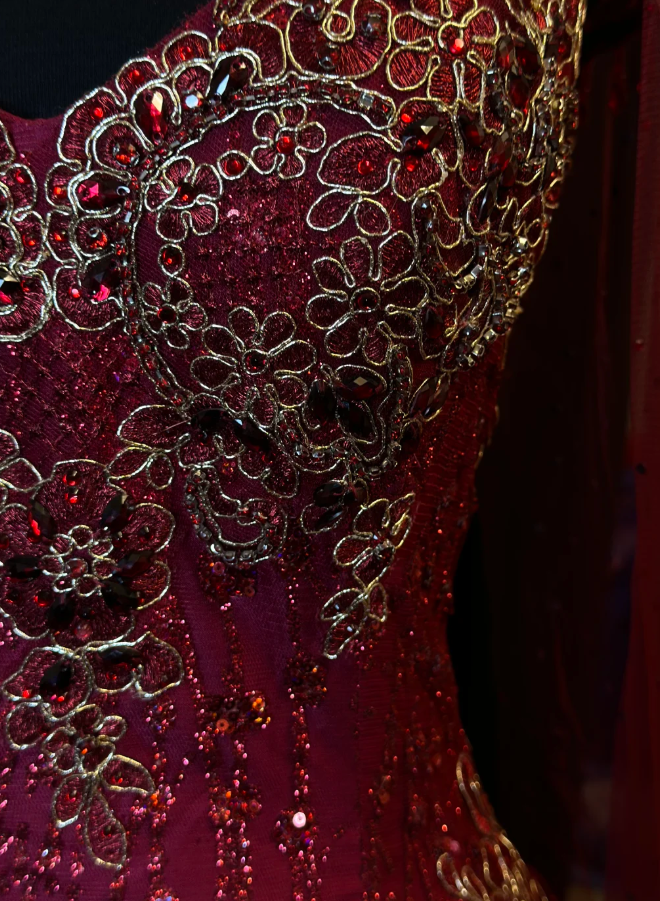 Fairy Sweetheart A-Line Long Prom Dresses, Tulle Beaded Burgundy Quinceanera Dresses  Sleeveless Sweet 16 Dresses ED05607