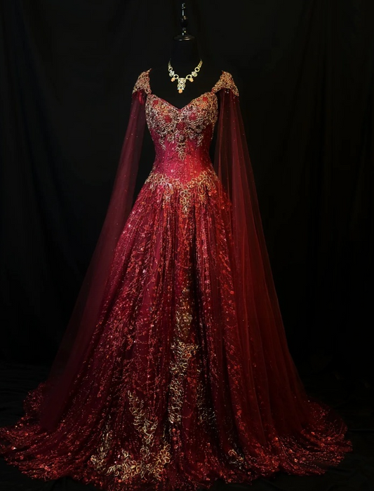 Fairy Sweetheart A-Line Long Prom Dresses, Tulle Beaded Burgundy Quinceanera Dresses  Sleeveless Sweet 16 Dresses ED05607