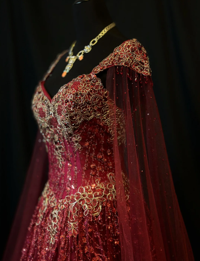 Fairy Sweetheart A-Line Long Prom Dresses, Tulle Beaded Burgundy Quinceanera Dresses  Sleeveless Sweet 16 Dresses ED05607