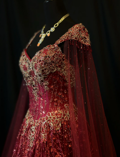 Fairy Sweetheart A-Line Long Prom Dresses, Tulle Beaded Burgundy Quinceanera Dresses  Sleeveless Sweet 16 Dresses ED05607