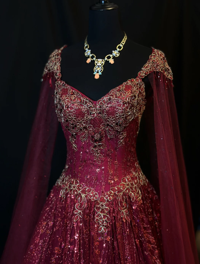 Fairy Sweetheart A-Line Long Prom Dresses, Tulle Beaded Burgundy Quinceanera Dresses  Sleeveless Sweet 16 Dresses ED05607