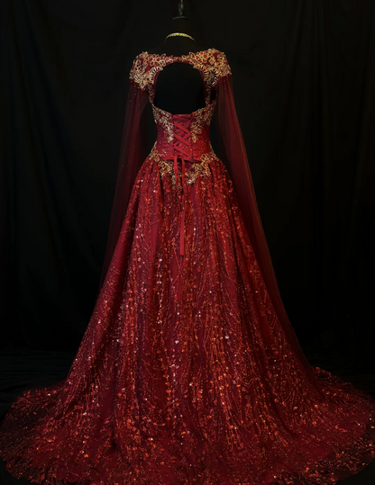 Fairy Sweetheart A-Line Long Prom Dresses, Tulle Beaded Burgundy Quinceanera Dresses  Sleeveless Sweet 16 Dresses ED05607