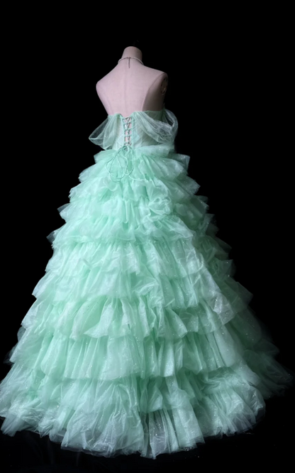 Fairy Sweetheart A-Line Long Prom Dresses, Tulle Mint Green Birthday Dresses  Sleeveless Sweet 16 Dresses ED05608