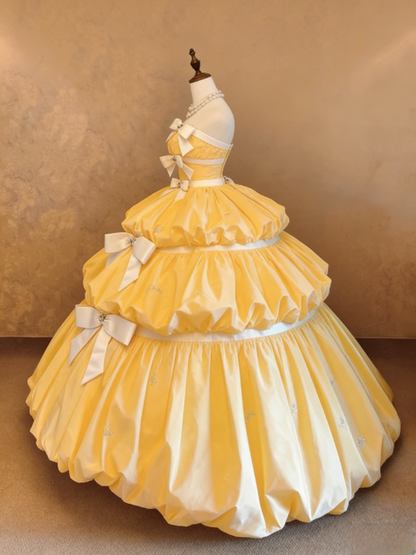 Fairy Strapless Ball Gown Long Prom Dresses, Satin Yellow Birthday Dresses  Sleeveless Sweet 16 Dresses ED05609