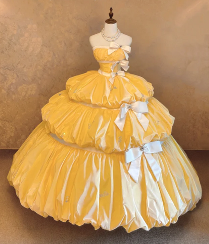 Fairy Strapless Ball Gown Long Prom Dresses, Satin Yellow Birthday Dresses  Sleeveless Sweet 16 Dresses ED05609