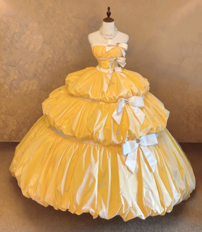 Fairy Strapless Ball Gown Long Prom Dresses, Satin Yellow Birthday Dresses  Sleeveless Sweet 16 Dresses ED05609