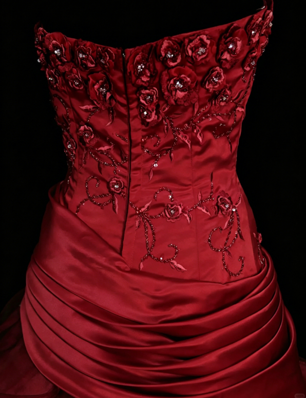 Fairy Strapless Ball Gown Long Prom Dresses, Tulle Burgundy Birthday Dresses  Sleeveless Sweet 16 Dresses ED05610