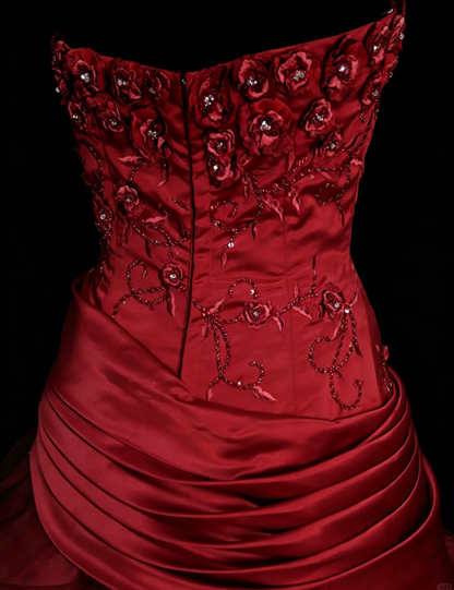 Fairy Strapless Ball Gown Long Prom Dresses, Tulle Burgundy Birthday Dresses  Sleeveless Sweet 16 Dresses ED05610