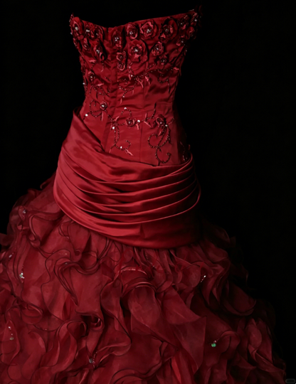 Fairy Strapless Ball Gown Long Prom Dresses, Tulle Burgundy Birthday Dresses  Sleeveless Sweet 16 Dresses ED05610