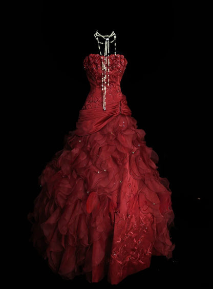 Fairy Strapless Ball Gown Long Prom Dresses, Tulle Burgundy Birthday Dresses  Sleeveless Sweet 16 Dresses ED05610