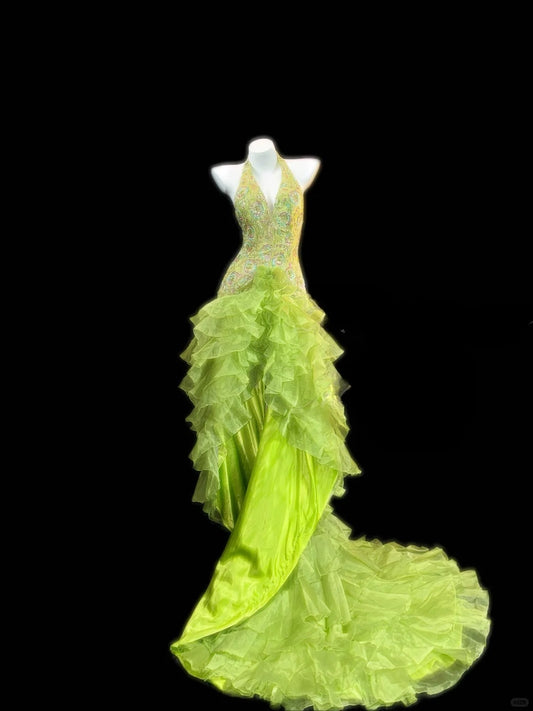 Fairy Halter A-Line Hi-lo Prom Dresses, Tulle Green Birthday Dresses Sleeveless Evening Gowns ED05611