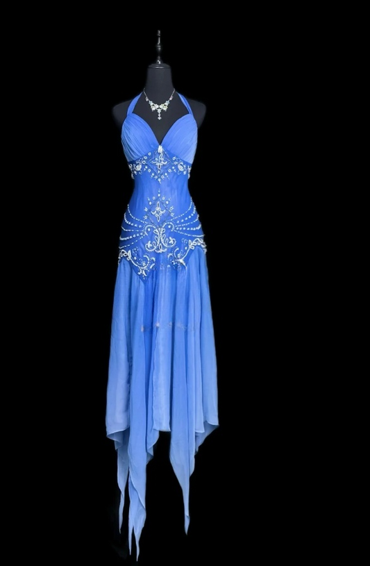 Glam Halter Sheath Prom Dresses, Beaded Chiffon Blue Birthday Dresses Sleeveless Evening Gowns ED05612