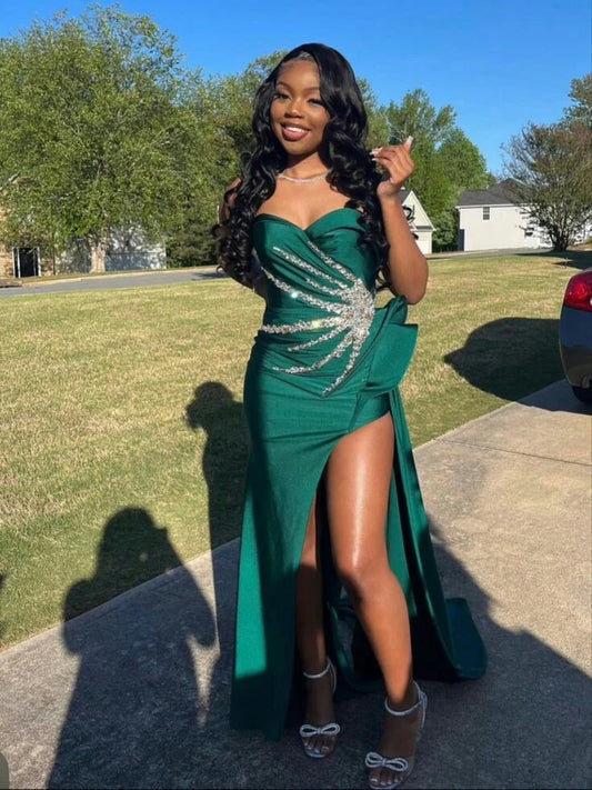 Sexy Sweetheart Sheath Satin Dark Green Long Prom Dresses with Slits ED05614