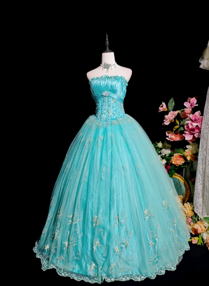 Cute Strapless Ball Gown Blue Long Prom Dresses Tulle Appliques Quinceanera Dresses Blue Sweet 16 Dresses ED05615