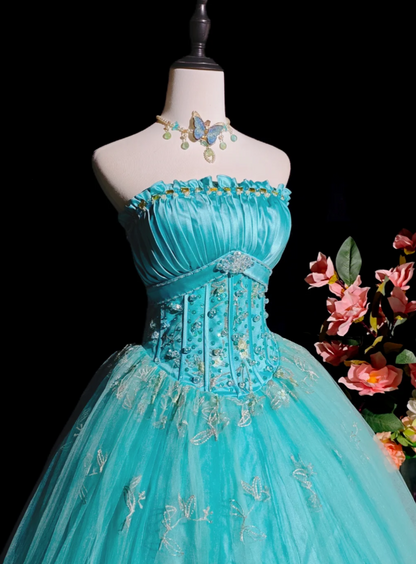 Cute Strapless Ball Gown Blue Long Prom Dresses Tulle Appliques Quinceanera Dresses Blue Sweet 16 Dresses ED05615
