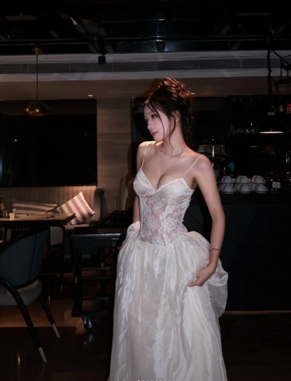 Cute Strapless A-Line Long Prom Dresses Lace Appliques White Birthday Dresses ED05616