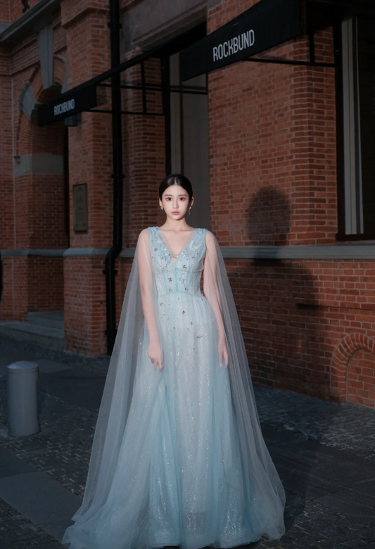 Sparkly V-neck A-Line Long Prom Dresses Tulle Beaded Pale Blue Formal Dresses  ED05617