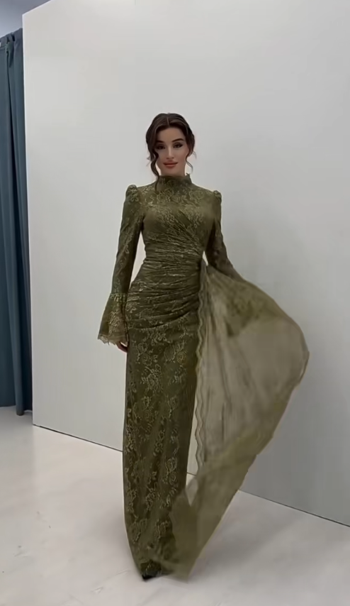 Elegant High Neck Sheath Long Prom Dresses Lace Appliques Olive Green Mother Of Bride Dresses Sleeves Evening Dresses ED05618
