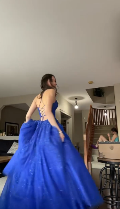 Sexy Spaghetti Straps A-Line Long Prom Dresses Tulle Applique Blue Evening Dresses with Open Back ED05620