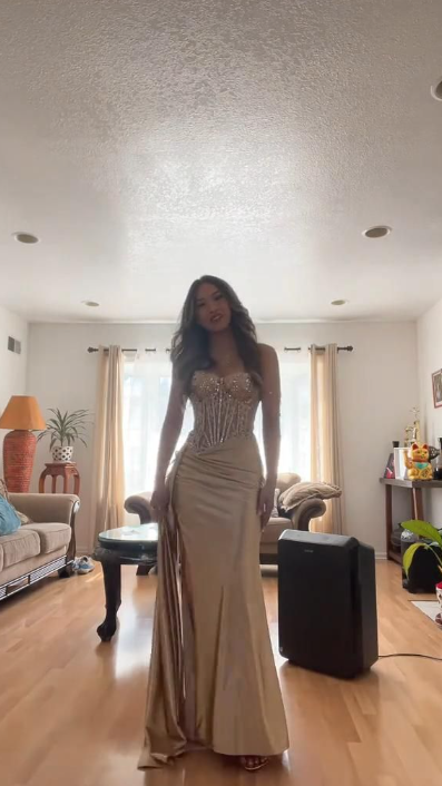 Sexy Spaghetti Straps Sheath Long Prom Dresses Satin Applique Champagne Evening Dresses  ED05621