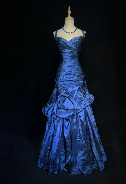 Gorgeous Straps Sheath Long Prom Dresses Satin Navy Blue Evening Dresses Sleeveless Birthday Dresses  ED05627