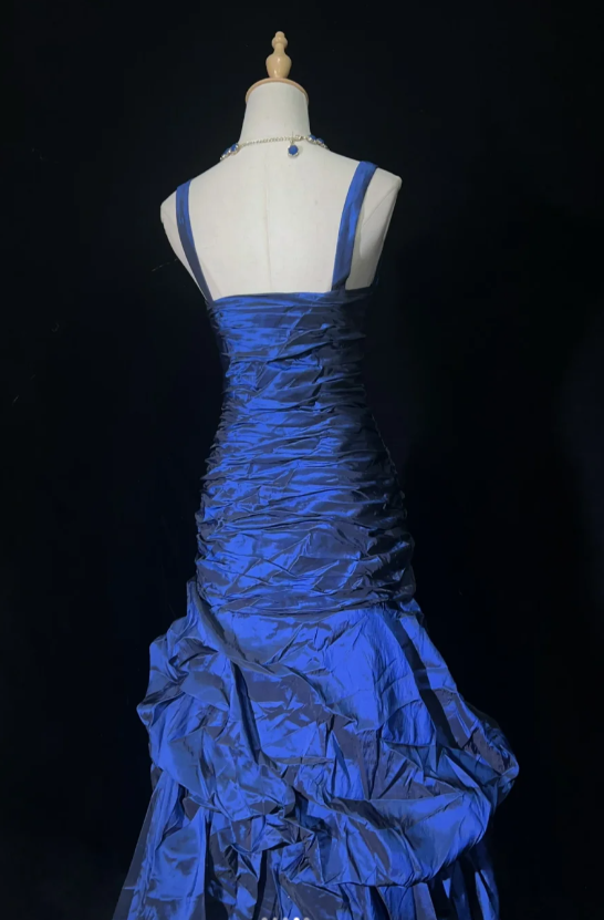 Gorgeous Straps Sheath Long Prom Dresses Satin Navy Blue Evening Dresses Sleeveless Birthday Dresses  ED05627