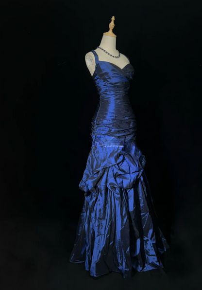 Gorgeous Straps Sheath Long Prom Dresses Satin Navy Blue Evening Dresses Sleeveless Birthday Dresses  ED05627