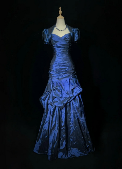 Gorgeous Straps Sheath Long Prom Dresses Satin Navy Blue Evening Dresses Sleeveless Birthday Dresses  ED05627