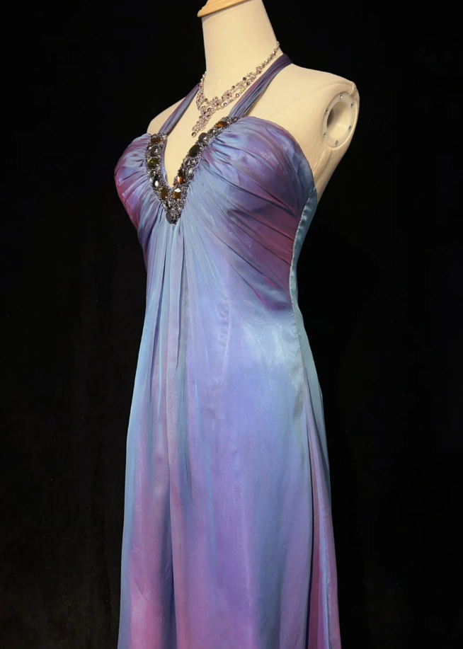 Gorgeous Halter Sheath Long Prom Dresses Tulle Purple Evening Dresses Sleeveless Purple Birthday Dresses ED05628