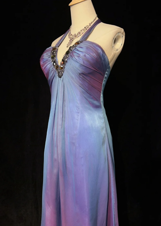 Gorgeous Halter Sheath Long Prom Dresses Tulle Purple Evening Dresses Sleeveless Purple Birthday Dresses ED05628