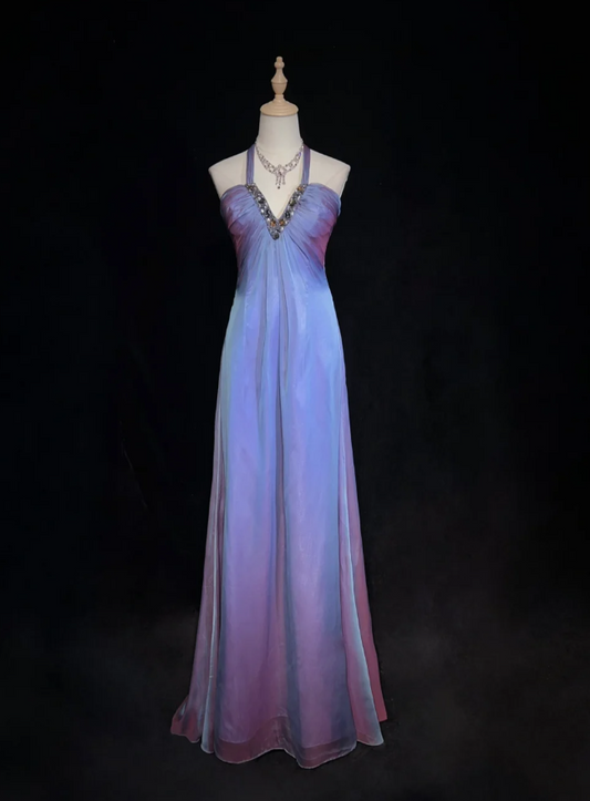 Gorgeous Halter Sheath Long Prom Dresses Tulle Purple Evening Dresses Sleeveless Purple Birthday Dresses ED05628