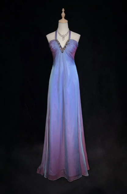 Gorgeous Halter Sheath Long Prom Dresses Tulle Purple Evening Dresses Sleeveless Purple Birthday Dresses ED05628