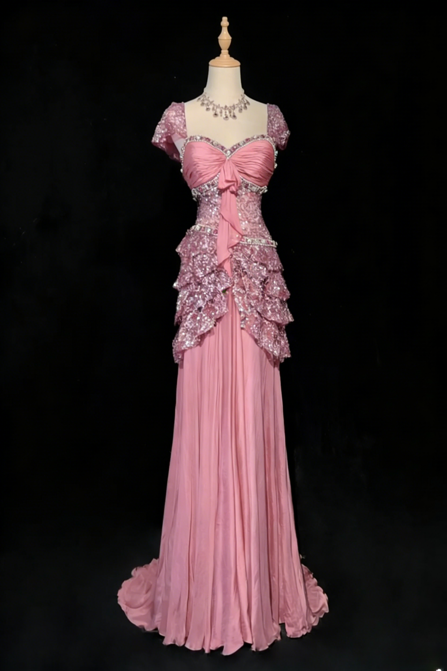 Gorgeous Sheath Long Prom Dresses Sequins Chiffon Purple Evening Dresses Short Sleeves Purple Birthday Dresses ED05629