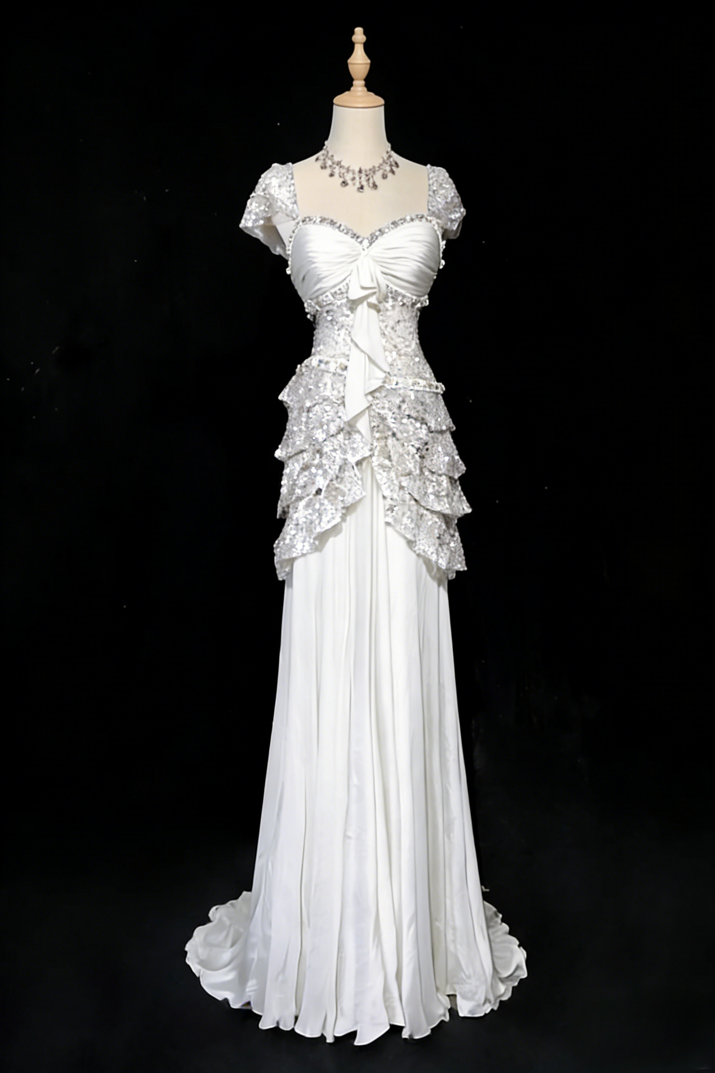 Gorgeous Sheath Long Prom Dresses Sequins Chiffon Purple Evening Dresses Short Sleeves Purple Birthday Dresses ED05629