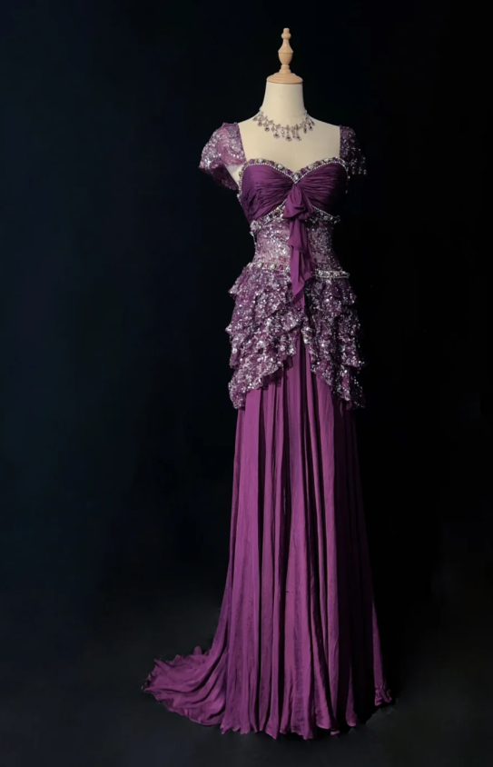 Gorgeous Sheath Long Prom Dresses Sequins Chiffon Purple Evening Dresses Short Sleeves Purple Birthday Dresses ED05629