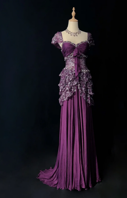 Gorgeous Sheath Long Prom Dresses Sequins Chiffon Purple Evening Dresses Short Sleeves Purple Birthday Dresses ED05629