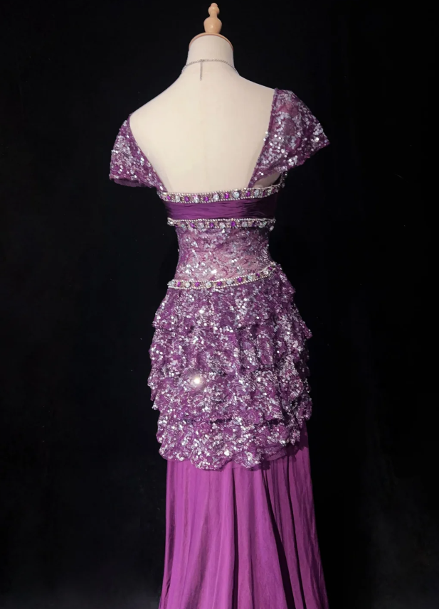 Gorgeous Sheath Long Prom Dresses Sequins Chiffon Purple Evening Dresses Short Sleeves Purple Birthday Dresses ED05629