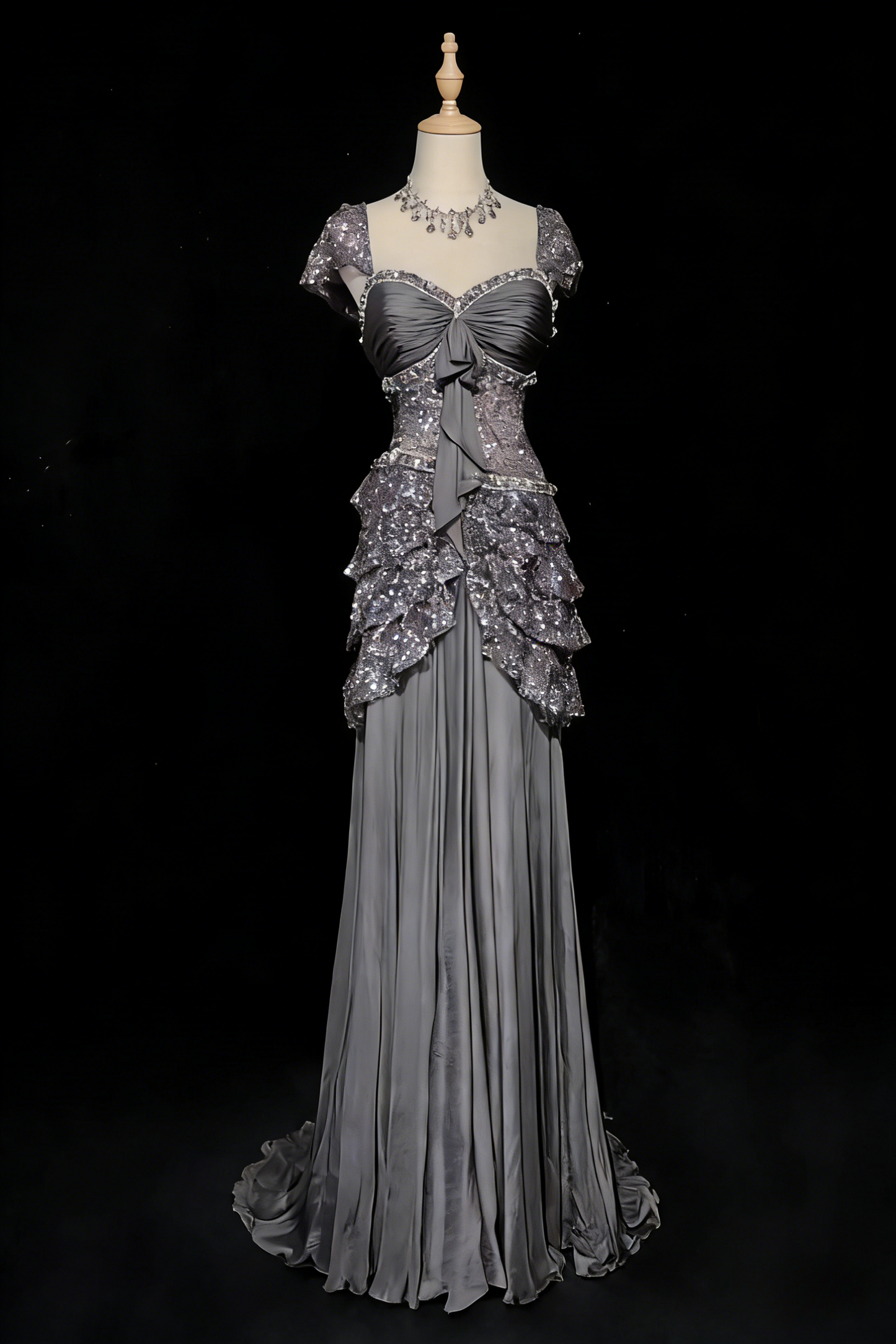 Gorgeous Sheath Long Prom Dresses Sequins Chiffon Purple Evening Dresses Short Sleeves Purple Birthday Dresses ED05629