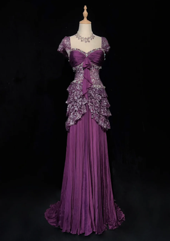 Gorgeous Sheath Long Prom Dresses Sequins Chiffon Purple Evening Dresses Short Sleeves Purple Birthday Dresses ED05629