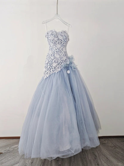Gorgeous Strapless A-Line Long Prom Dresses Appliques Tulle Blue Evening Dresses Sleeveless Blue Birthday Dresses ED05630