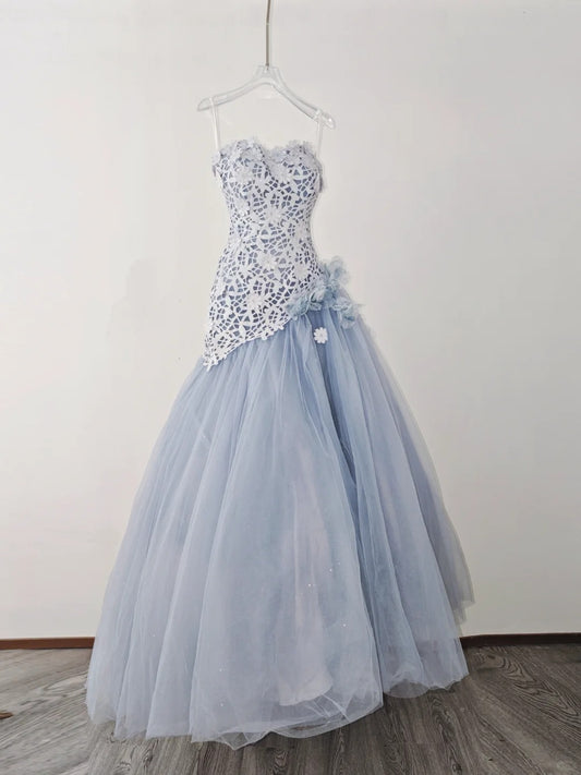 Gorgeous Strapless A-Line Long Prom Dresses Appliques Tulle Blue Evening Dresses Sleeveless Blue Birthday Dresses ED05630