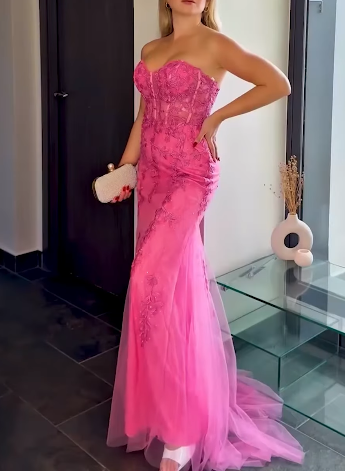 Elegant Strapless Sheath Long Prom Dresses Applique Tulle Pink Evening Dresses Sleeveless Pink Formal Dresses ED05632 ED05632