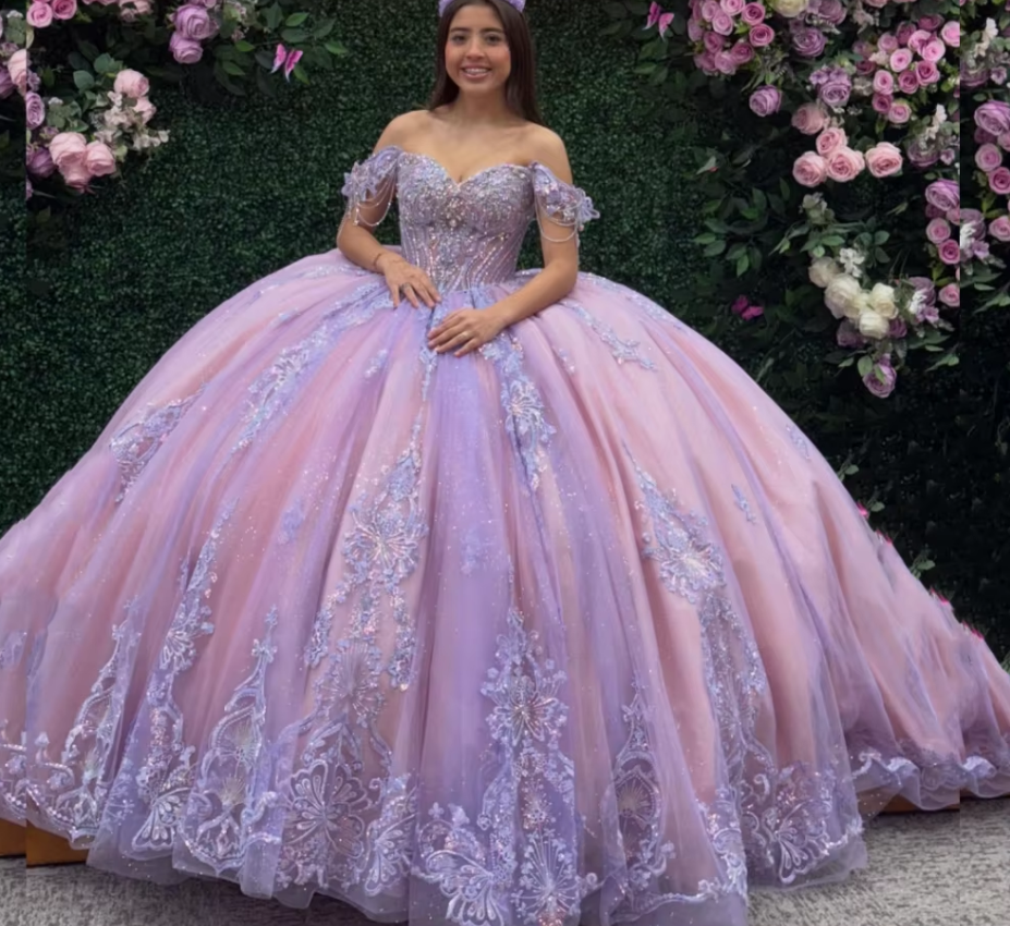 Gorgeous Off-shoulder Ball Gown Tulle Long Prom Dresses Applique Quinceanera Dresses Sleeveless Pink/Purple Birthday Dresses ED05633