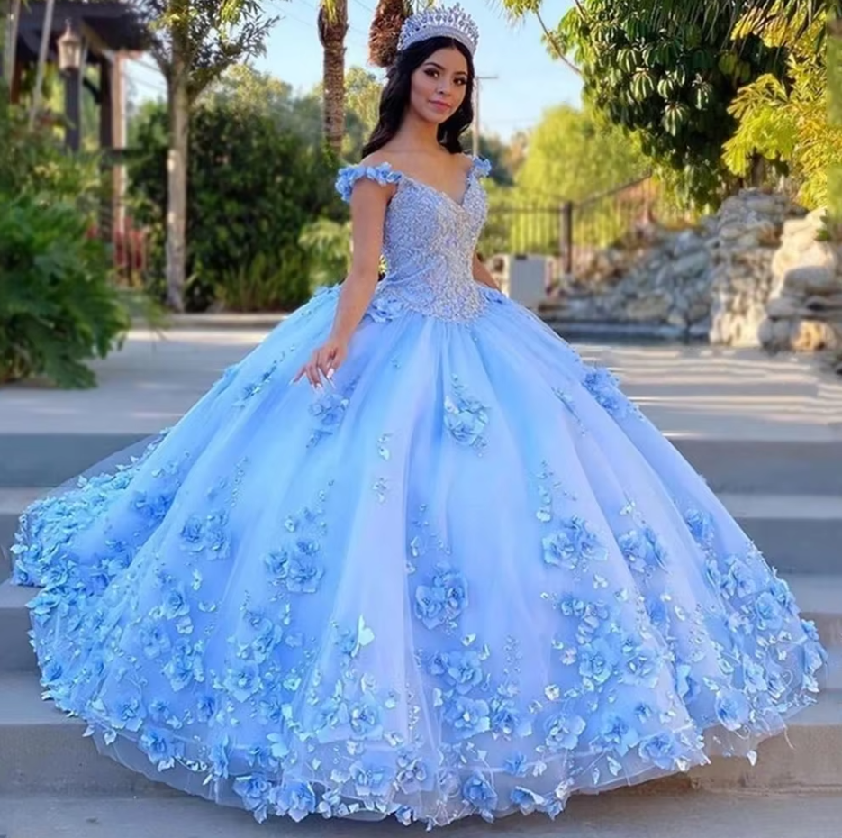 Gorgeous V-Neck Ball Gown Tulle Long Prom Dresses Applique Blue Quinceanera Dresses Sleeveless Blue Sweetheart 16 Dresses  ED05634