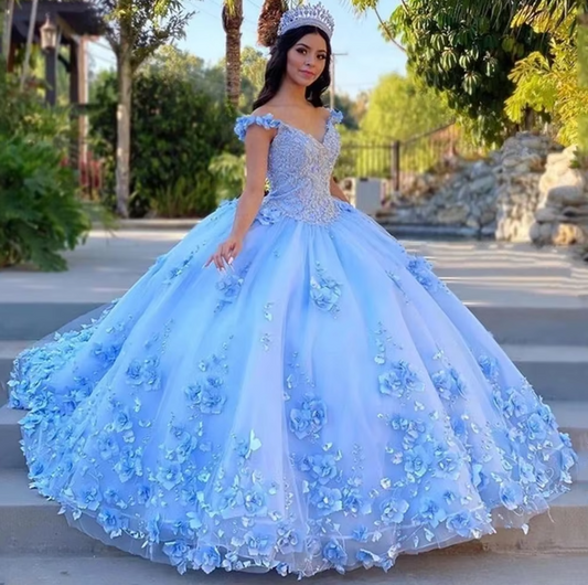 Gorgeous V-Neck Ball Gown Tulle Long Prom Dresses Applique Blue Quinceanera Dresses Sleeveless Blue Sweetheart 16 Dresses  ED05634