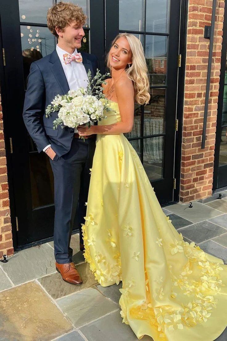Chic Strapless A-Line Long Prom Dresses Applique Satin Yellow Evening Dresses Sleeveless Yellow Birthday Dresses  ED05636